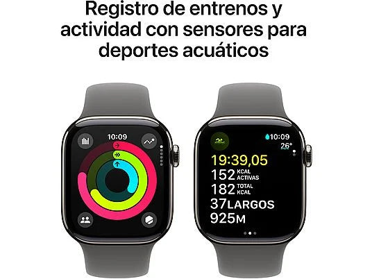 Apple Watch Series 10 (2024), GPS + Cellular, 42 mm, gesto doppio tocco, cassa in titanio naturale, cinturino Sport grigio pietra, taglia M/L