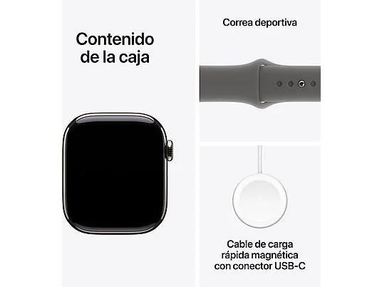 Apple Watch Series 10 (2024), GPS + Cellular, 42 mm, gesto doppio tocco, cassa in titanio naturale, cinturino Sport grigio pietra, taglia M/L