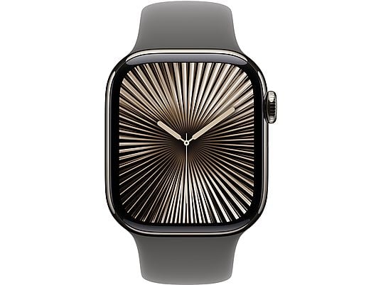Apple Watch Series 10 (2024), GPS + Cellular, 42 mm, gesto doppio tocco, cassa in titanio naturale, cinturino Sport grigio pietra, taglia M/L