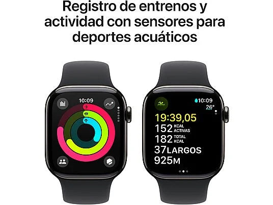 Apple Watch Series 10 (2024), GPS + Cellular, 42 mm, gesto doppio tocco, cassa in titanio ardesia, cinturino Sport nero, taglia M/L