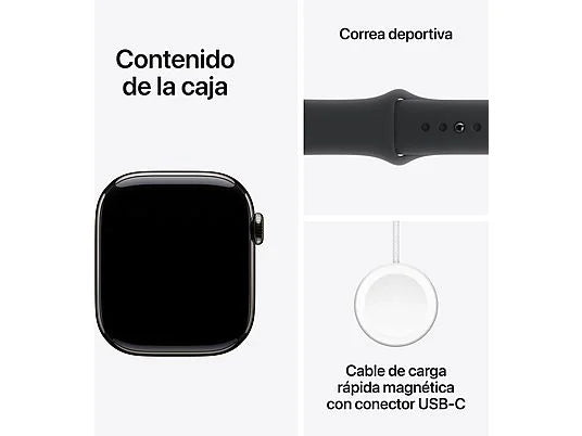 Apple Watch Series 10 (2024), GPS + Cellular, 42 mm, gesto doppio tocco, cassa in titanio ardesia, cinturino Sport nero, taglia M/L