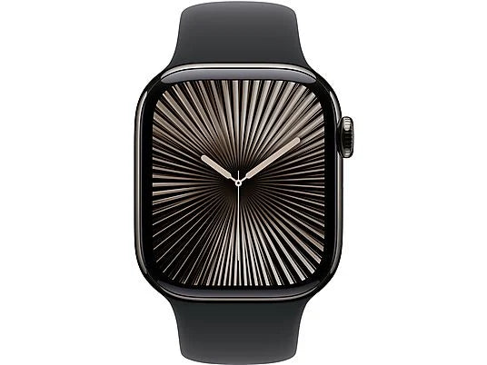 Apple Watch Series 10 (2024), GPS + Cellular, 42 mm, gesto doppio tocco, cassa in titanio ardesia, cinturino Sport nero, taglia M/L