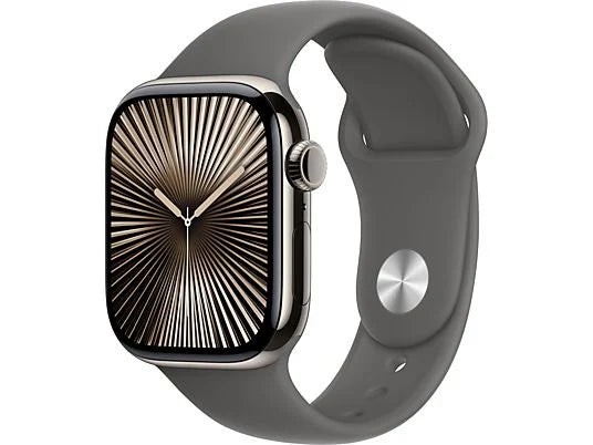 Apple Watch Series 10 (2024), GPS + Cellular, 42 mm, gesto doppio tocco, cassa in titanio naturale, cinturino Sport grigio pietra, taglia M/L