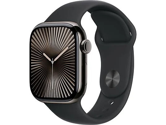 Apple Watch Series 10 (2024), GPS + Cellular, 42 mm, gesto doppio tocco, cassa in titanio ardesia, cinturino Sport nero, taglia M/L