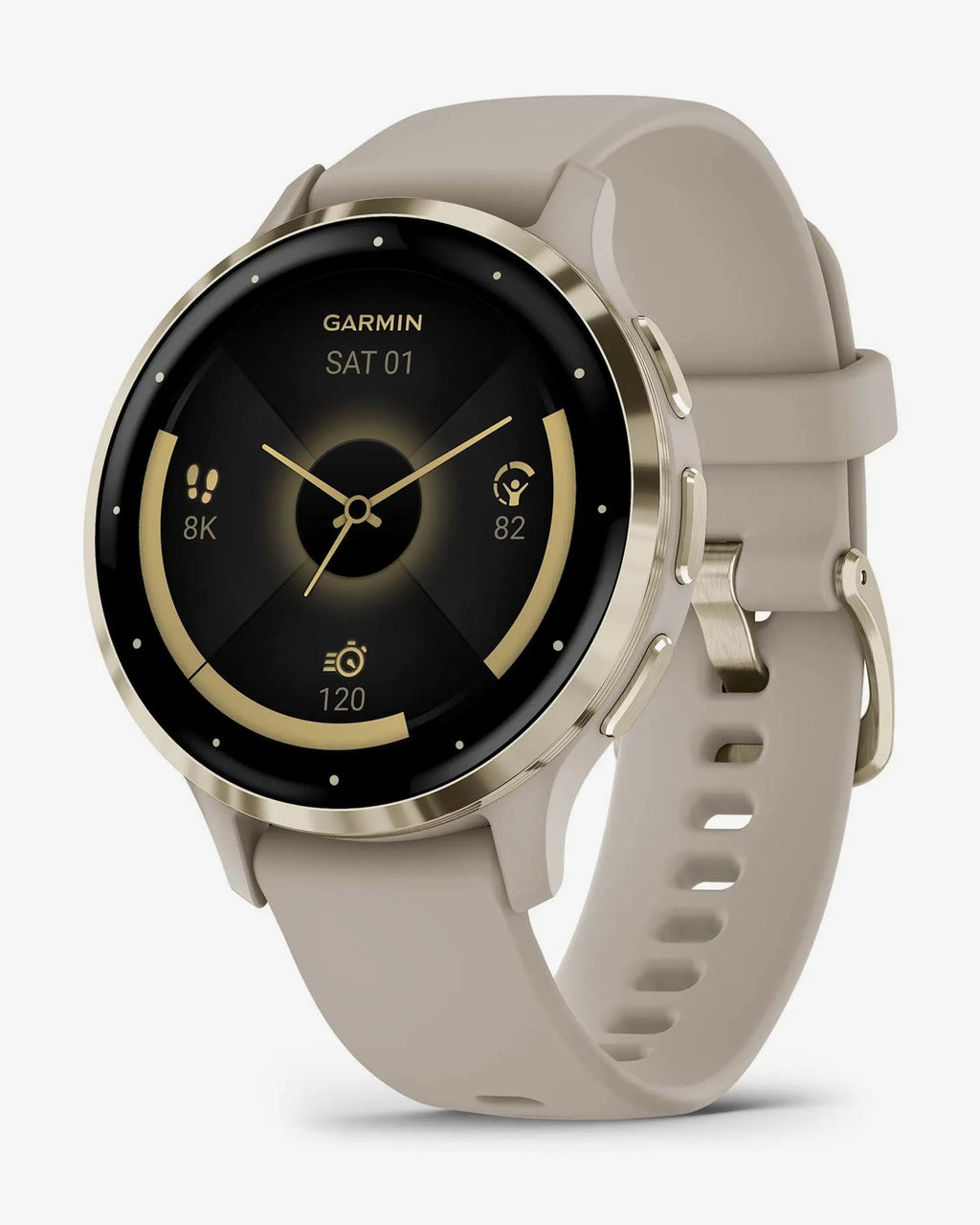 Garmin Venu 3S con cinturino in silicone beige e oro