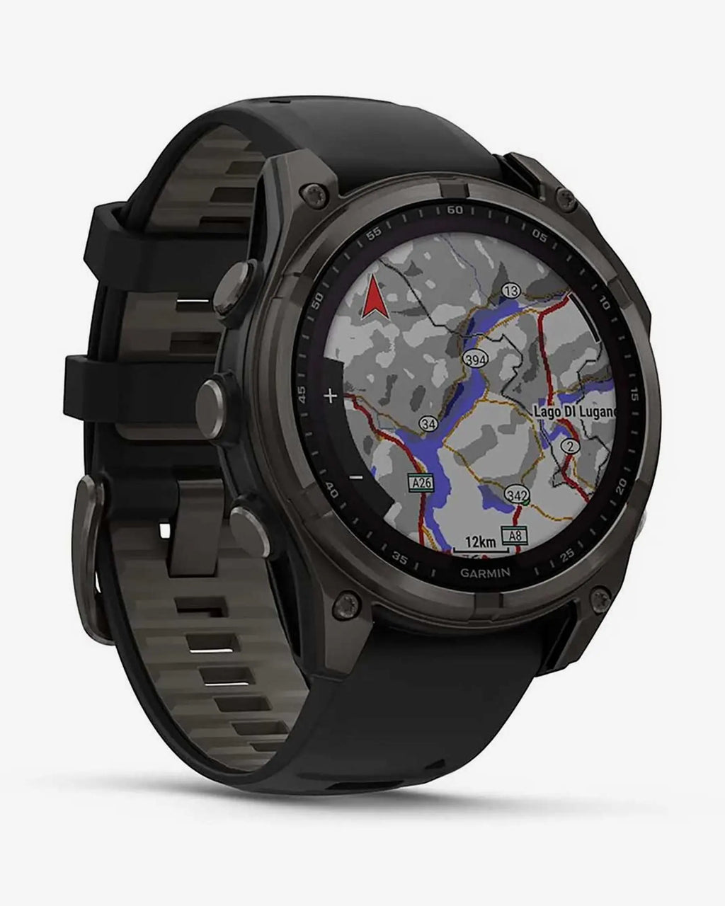 Garmin Fenix 8 Sapphire Solar 47mm in titanio, grigio carbonio e cinturino nero
