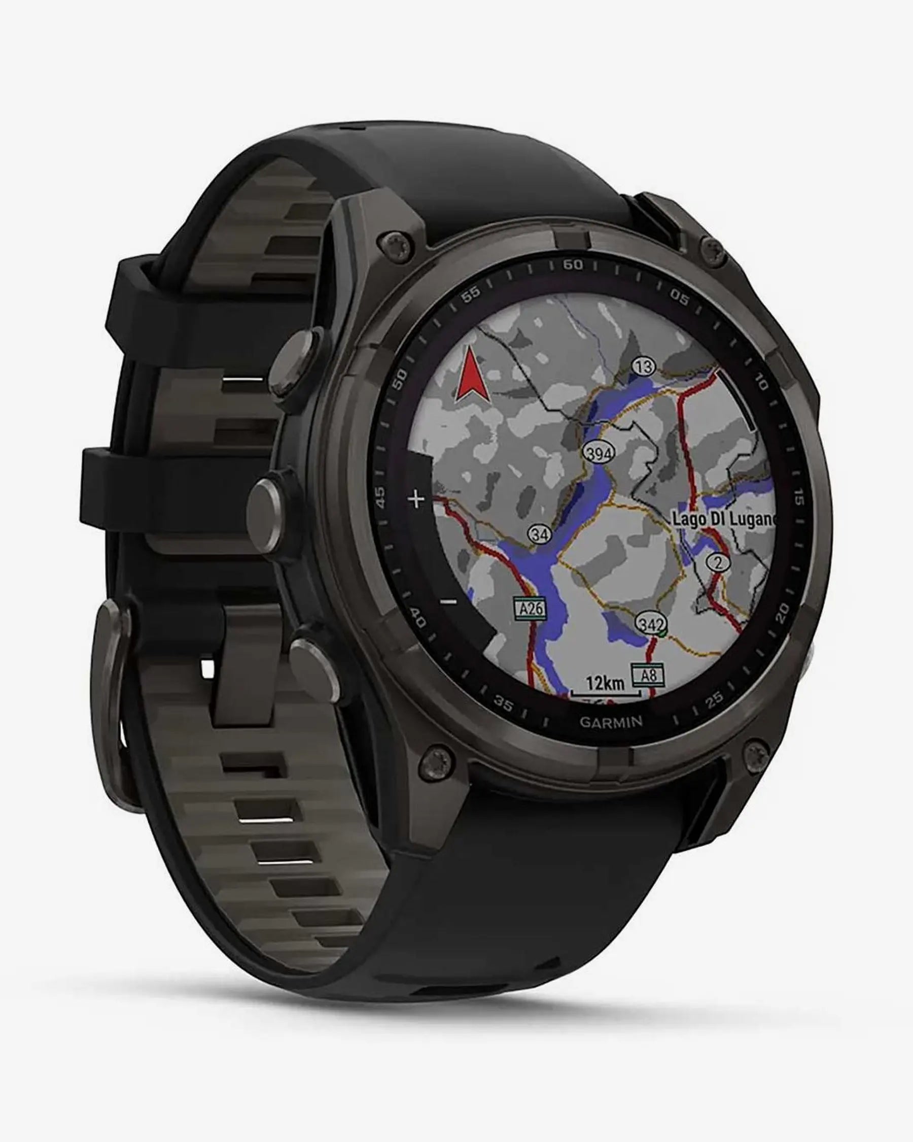 Garmin Fenix 8 Sapphire Solar 47mm in titanio, grigio carbonio e cinturino nero