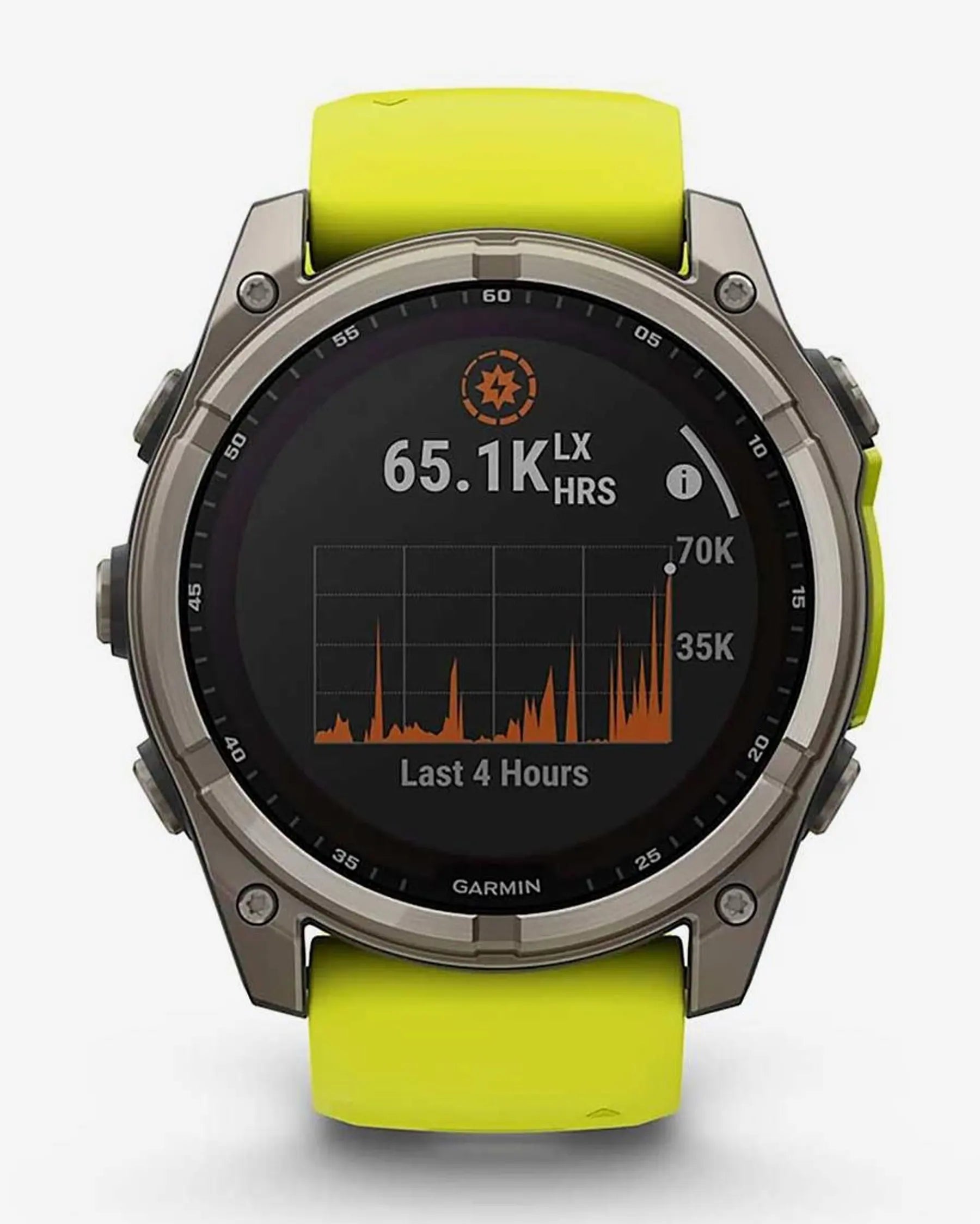 Garmin Fenix 8 Sapphire Solar 51mm in titanio grigio con cinturino giallo