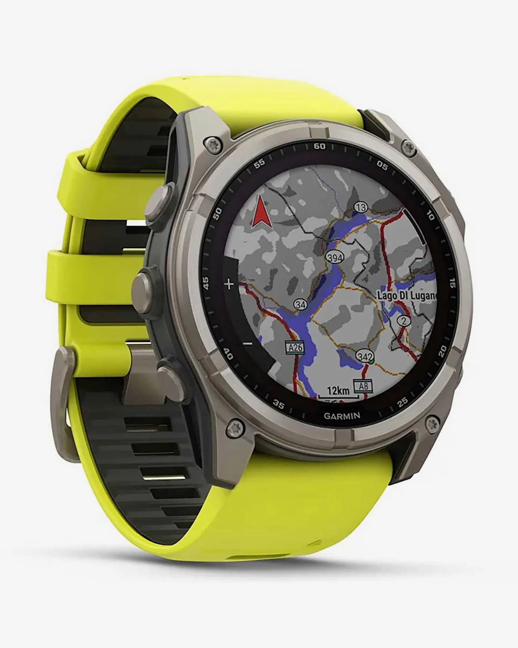Garmin Fenix 8 Sapphire Solar 51mm in titanio grigio con cinturino giallo