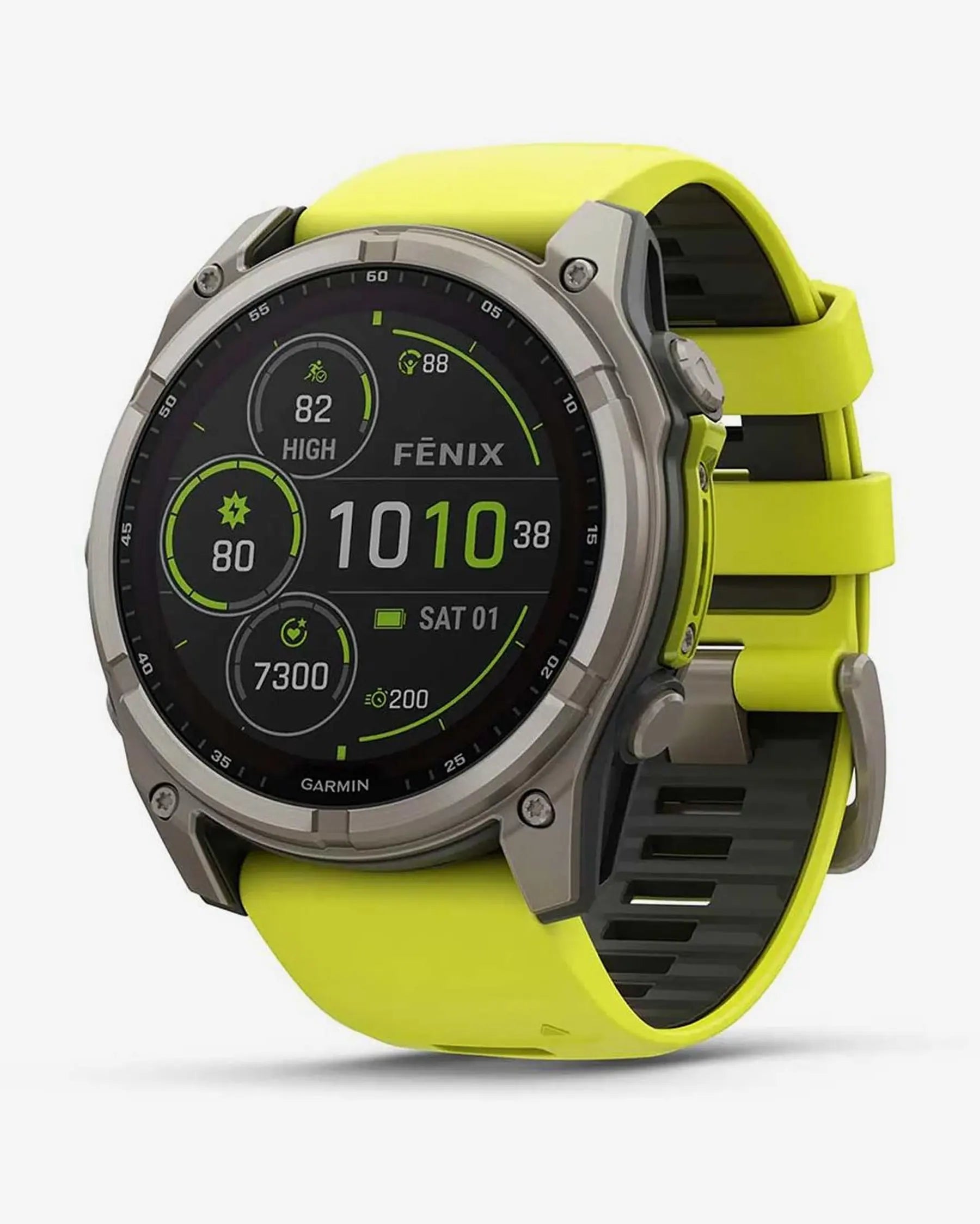 Garmin Fenix 8 Sapphire Solar 51mm in titanio grigio con cinturino giallo